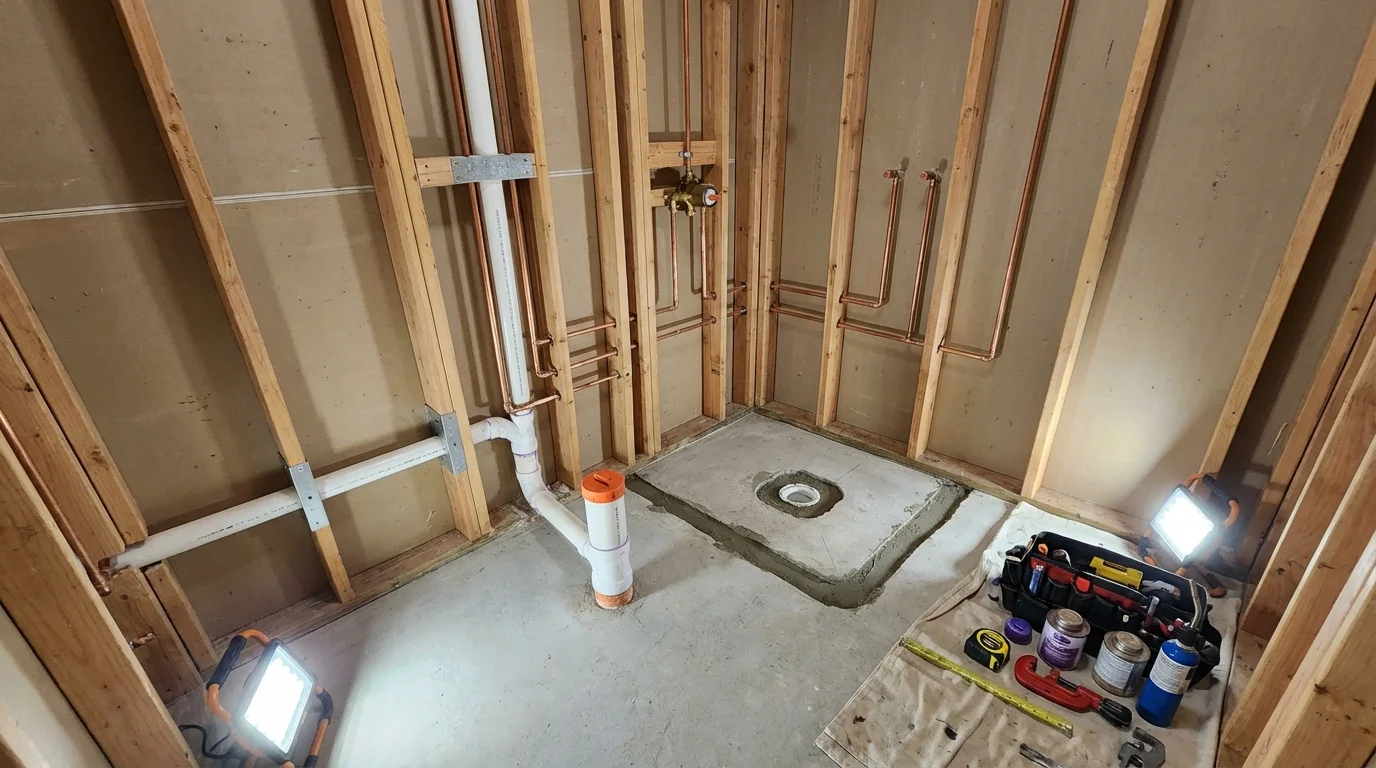 Bathroom rough-in plumbing during remodel by Johns Plumbing LLC in California City