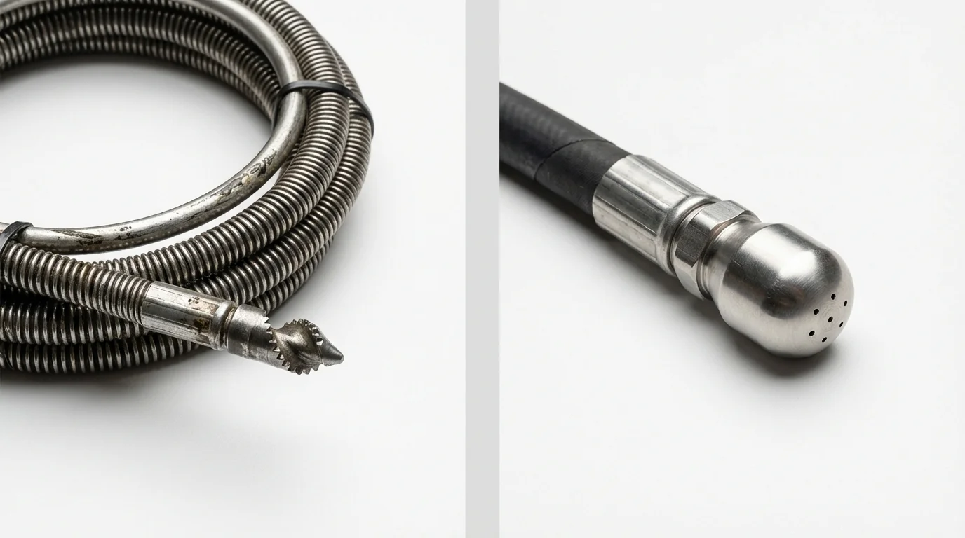 Drain snake cable and hydro jetting nozzle used for drain cleaning in California City, CA
