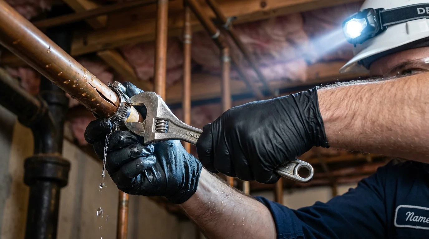 Emergency pipe clamp repair being performed by a Johns Plumbing LLC plumber in California City
