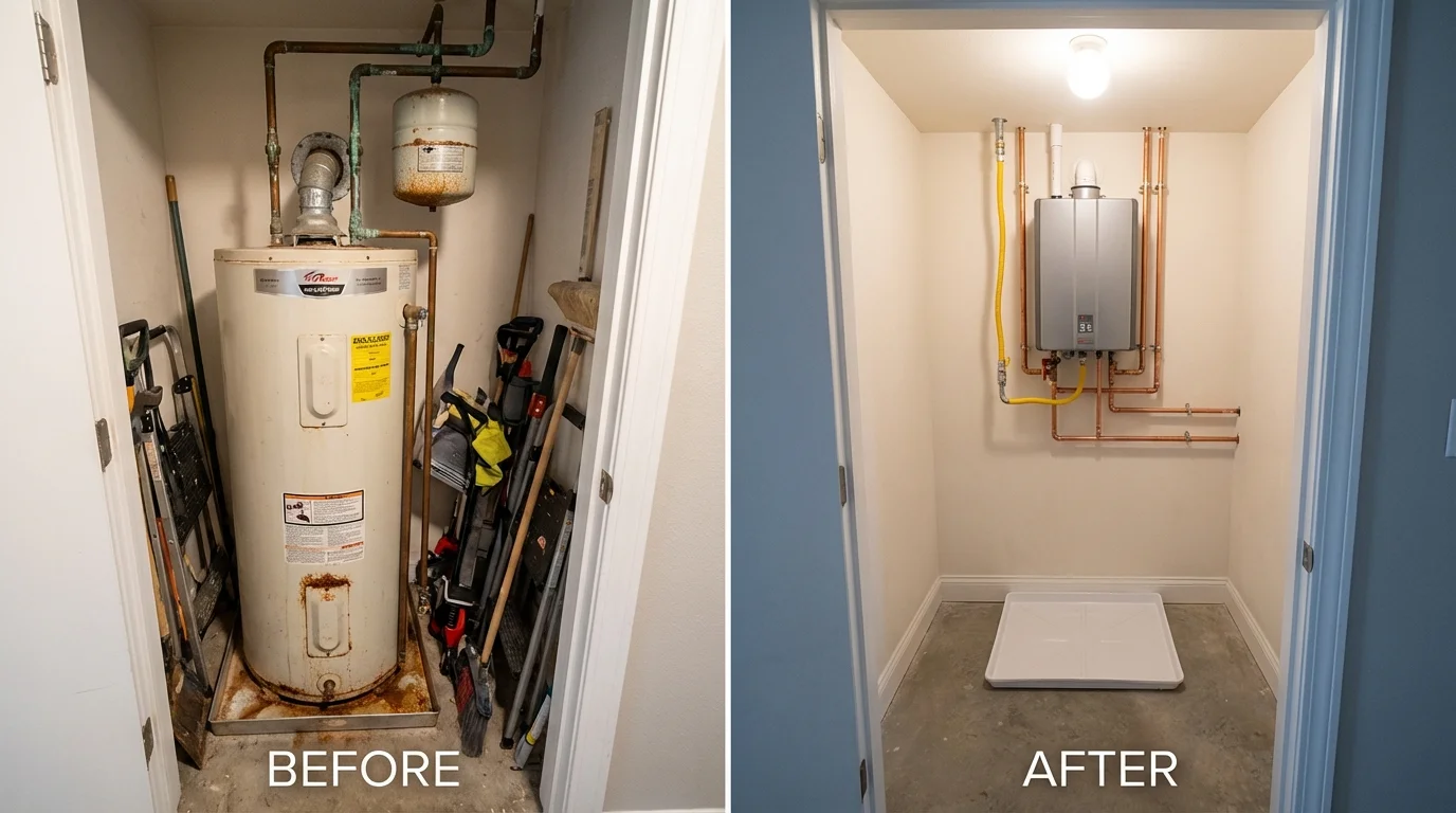 Tank water heater versus wall-mounted tankless unit comparison for California City, CA homeowners