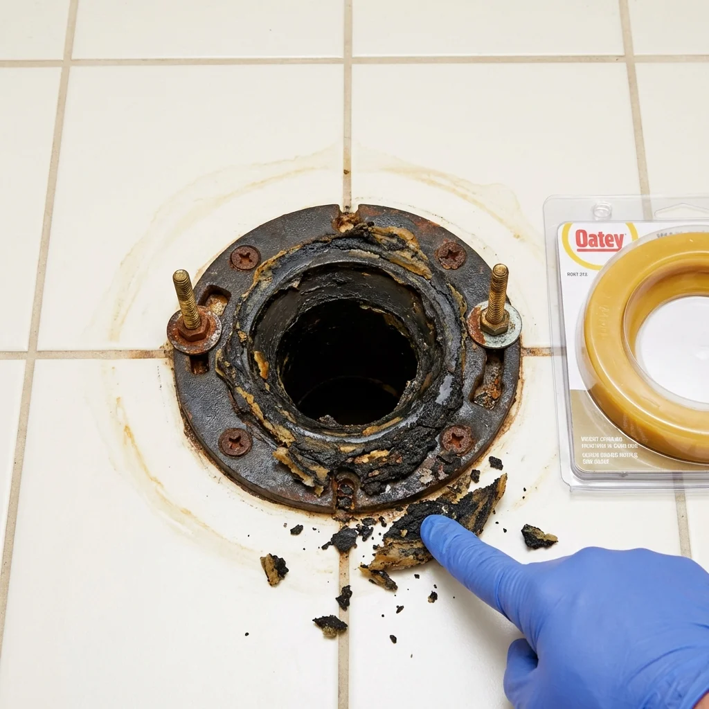 Failed wax ring showing water seepage at the base of a toilet in a California City, CA home
