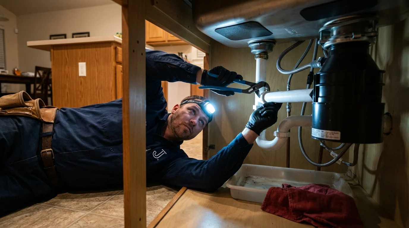 P-trap and supply line connections under a kitchen sink showing a common leak point in California City, CA